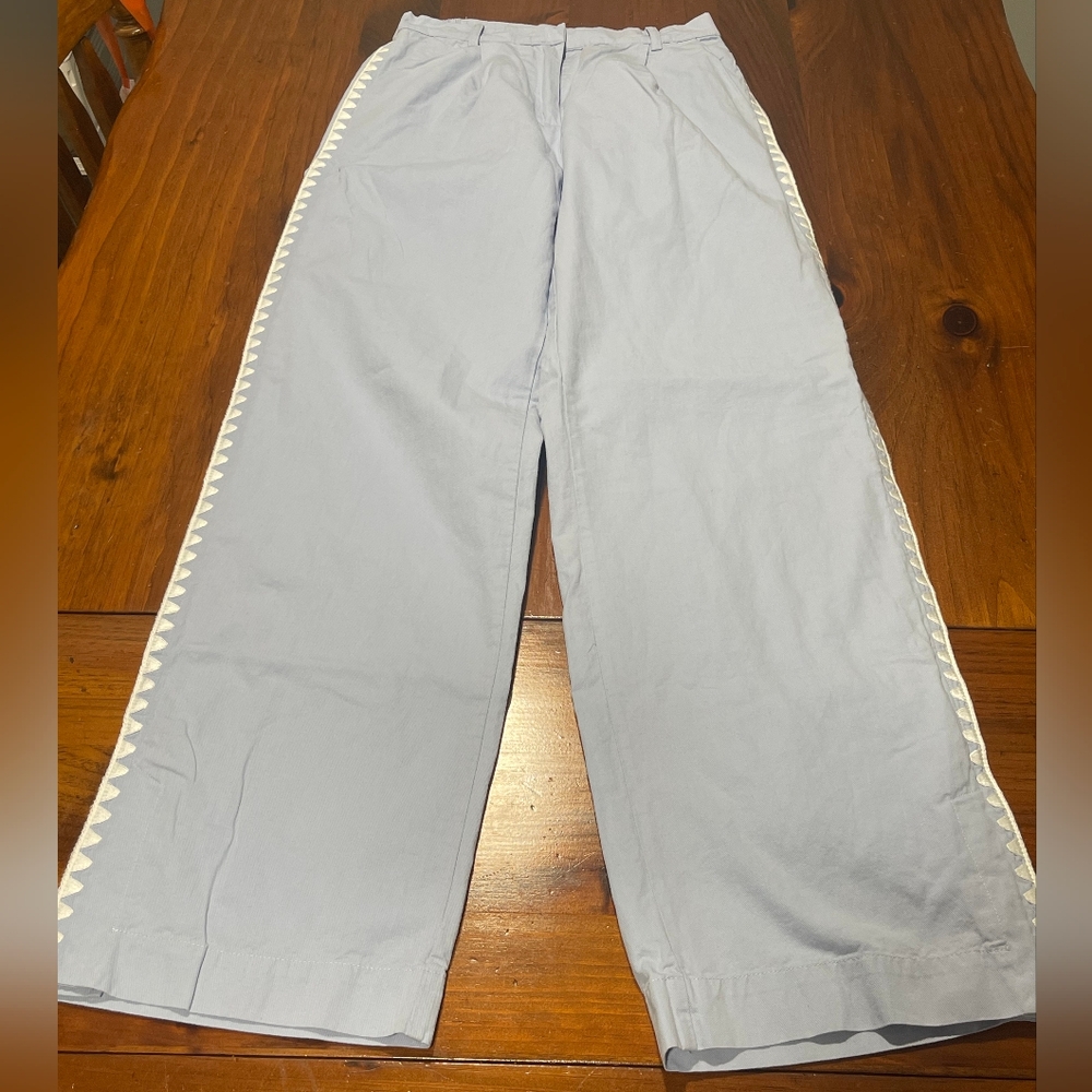 MON RENN Womens Blue Lisle Pant Wide Leg Highwaist Side Embroidered Size Small - Picture 2 of 4